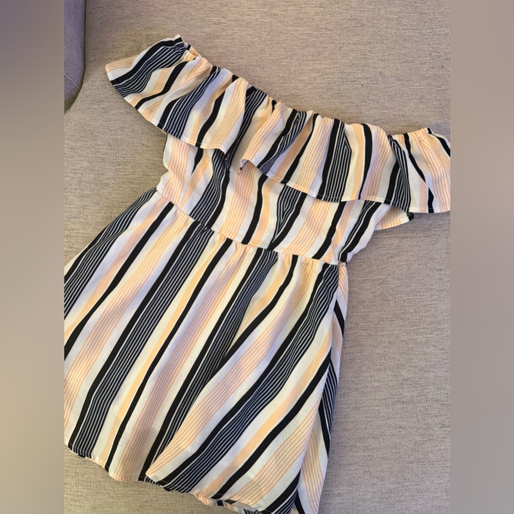 Striped Off-Shoulder Ruffle Dress - Yellow, Black & White